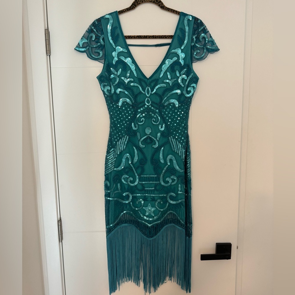 Unique Vintage 1920s Emerald Green Flapper Dress
